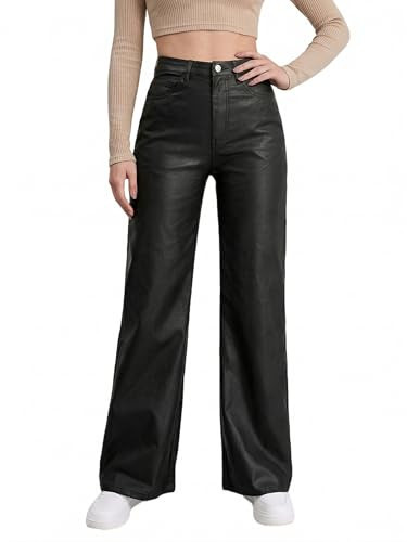 THE LOVE BRAND Women's Faux Leather Pants Black Straight Leg Pant High Waist Black Leggings Wide Leg Coated PU Trousers (US, Alpha, Medium, Regular, Regular, Black) | Amazon (US)