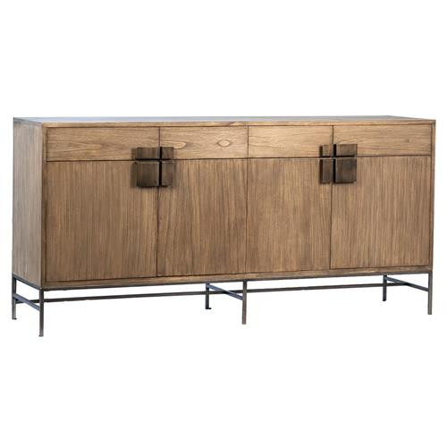 Mae Rustic Lodge Brown Wood Veneer Black Iron Base 4 Door Sideboard | Kathy Kuo Home