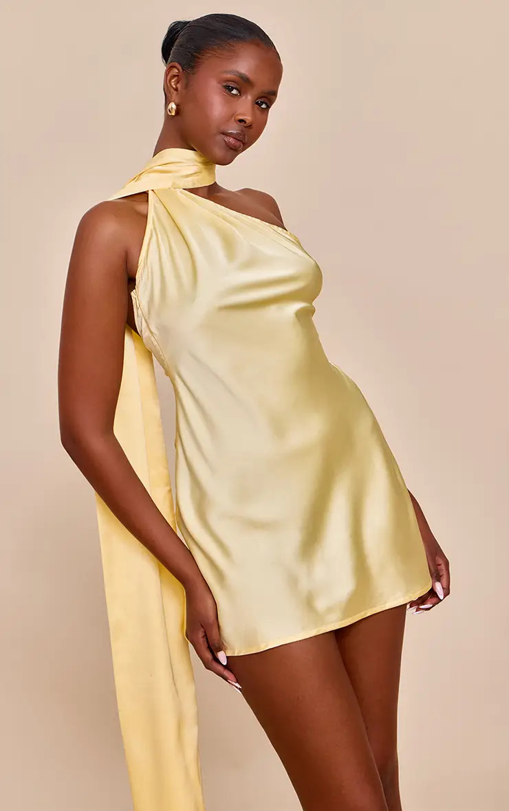 Lemon Satin Scarf Detail Shift Dress | PrettyLittleThing USA | PrettyLittleThing US