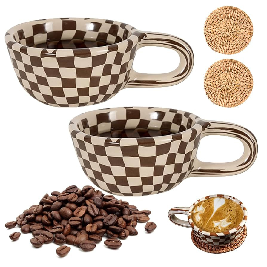 Checkerboard Coffee Mug, Brown Checkered Cup With Saucer for Office and Home, Novelty Black and W... | Amazon (US)