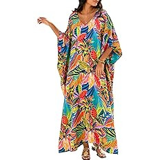 Moss Rose Women Caftan Dress V Neck Batwing Sleeve Floral Print Beach Swimsuit Coverup Moo Moos L... | Amazon (US)