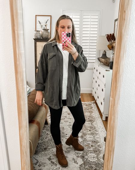 Elevated casual look with this shacket! Wearing a small. A medium in the shirt and medium in the leggings. All on sale!!  Use code: AEFALL25 for an extra 25% off! 

#LTKSale #LTKmidsize #LTKsalealert