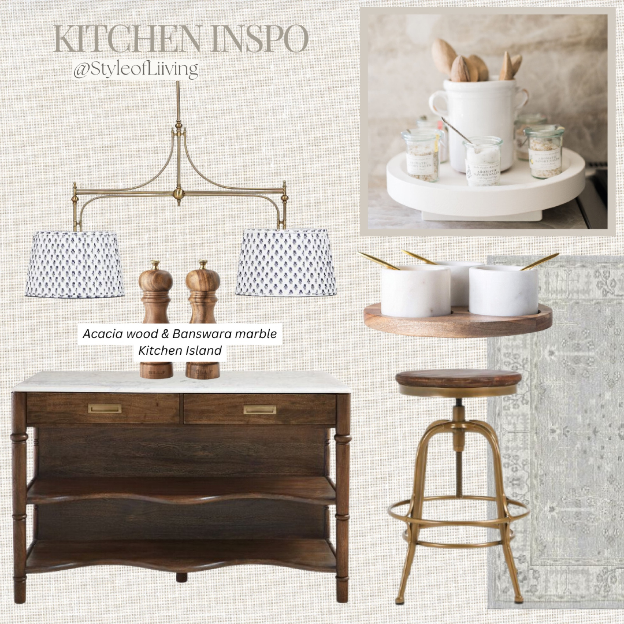 Kitchen design inspiration! Kitchen island from Ballard Designs. Pendant light fixture, bar stool, area rug, salt and pepper grinder, marble pinch pots, lazy susan.

#LTKHome #LTKSaleAlert #LTKStyleTip