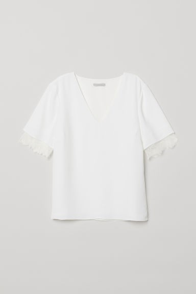 H & M - V-neck Blouse with Lace - White | H&M (US + CA)