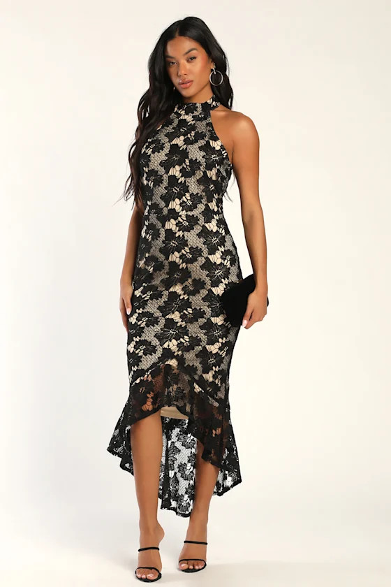 All the Charm Black and Beige Lace Sleeveless High-Low Dress | Lulus (US)