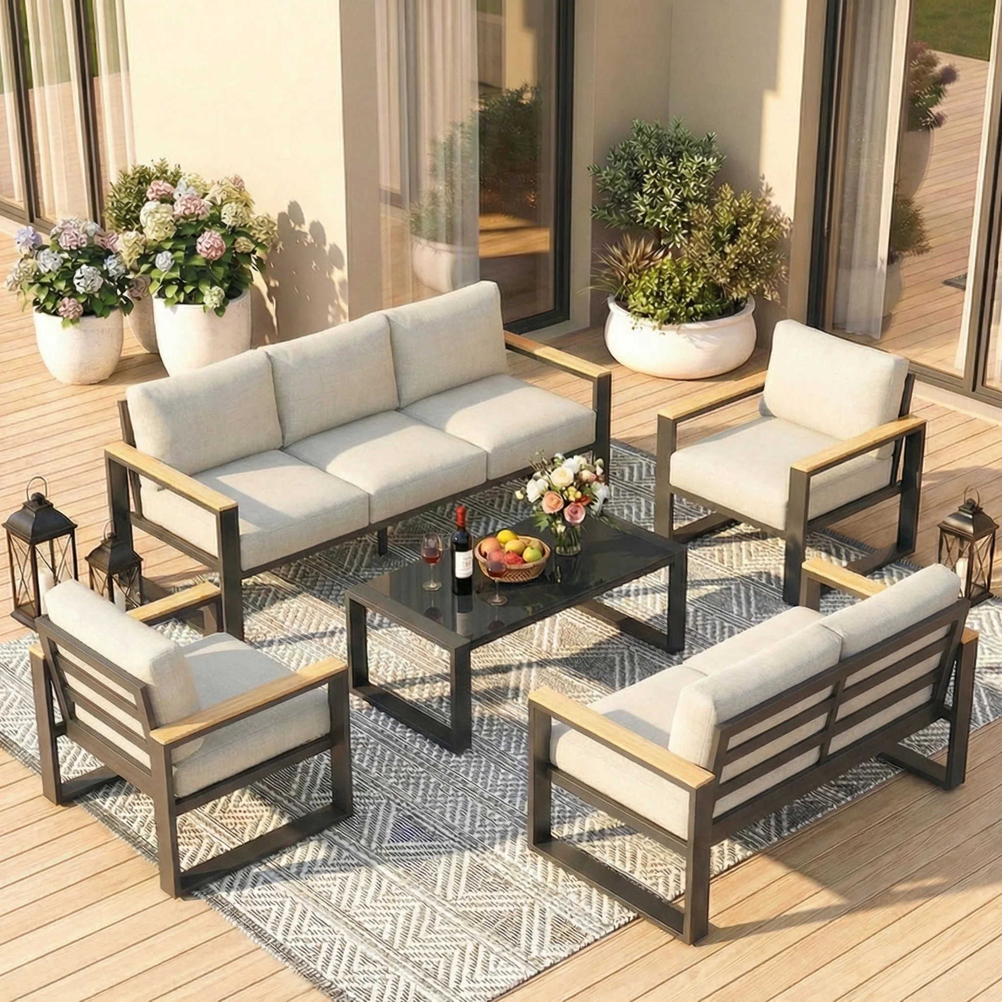 All Aluminum Outdoor Furniture Set for all Weather, 7-Person Patio Furniture Set with Wood Armres... | Wayfair North America