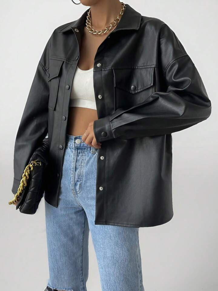 SHEIN PETITE Women's Spring Fashion Faux Leather Shacket Jacket Flap Pocket Drop Shoulder Button ... | SHEIN