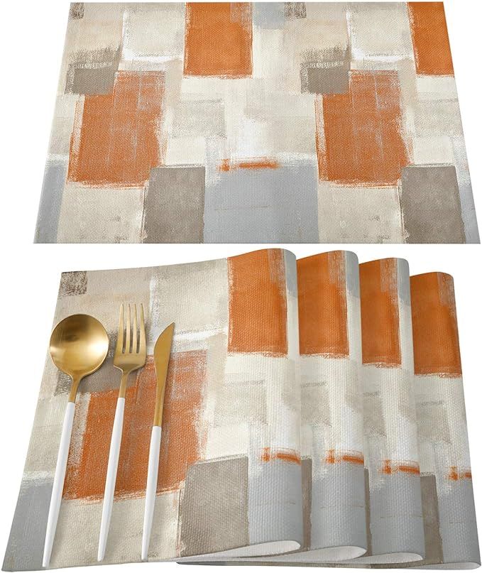 Orange Gray Thanksgiving Placemats Set of 6, Cotton Linen Heat Resistant Table Mats Non-Slip Wash... | Amazon (US)