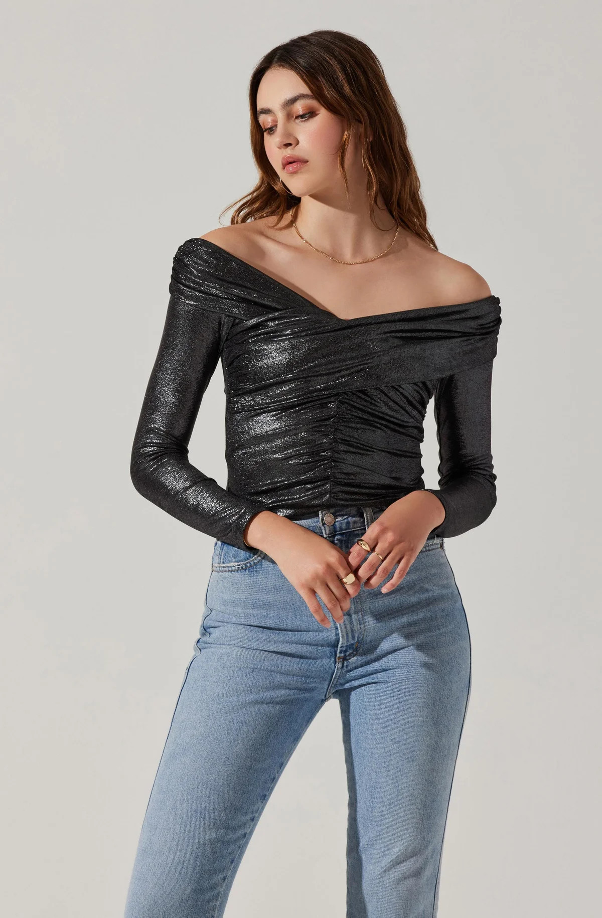 Frannie Metallic Ruched Off Shoulder Top | ASTR The Label (US)
