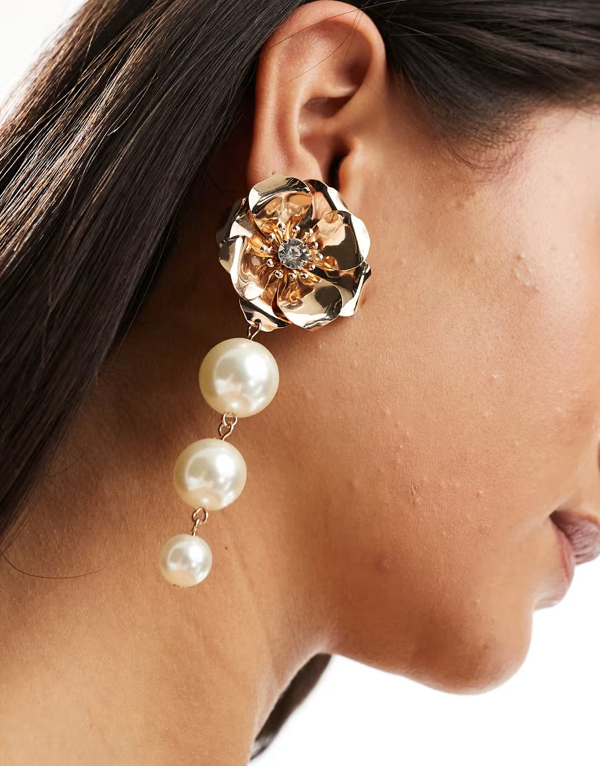 ALDO flower stud pearl drop earrings in gold | ASOS (Global)