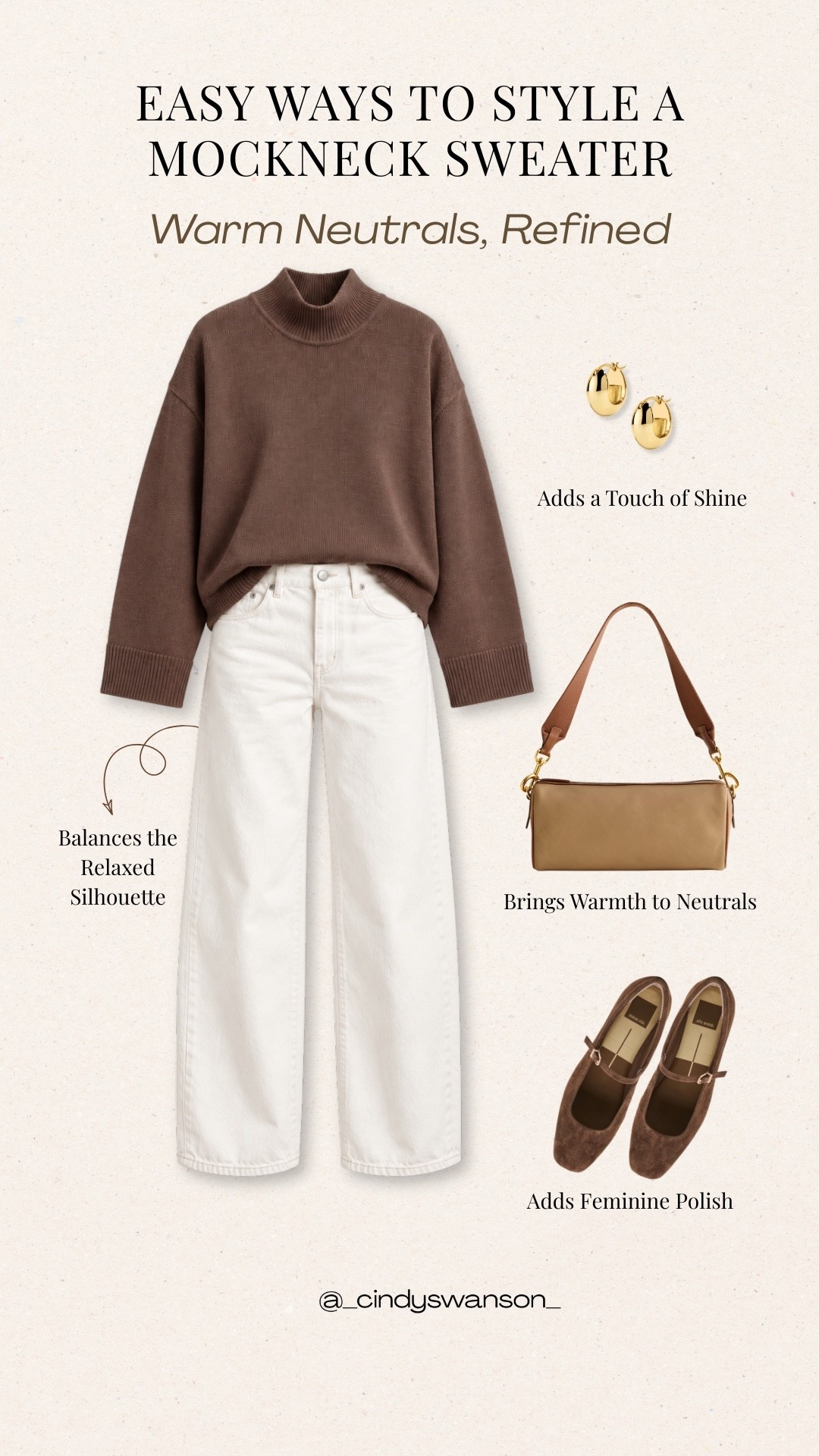 A rich brown mockneck sweater with crisp white jeans is such an easy neutral combination. I love how the warm brown handbag and suede Mary Jane flats add texture and polish while keeping the overall look simple and refined.

#LTKootd #LTKOver40 #LTKgrwm