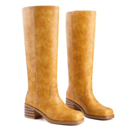 Migpuel Banana Knee High Boots for Women Square Toe Chunky Block Heel Riding Boots Comfortable Low Heel Casual Wide Calf Tall Campus Boots 9.5,banana | Amazon (US)