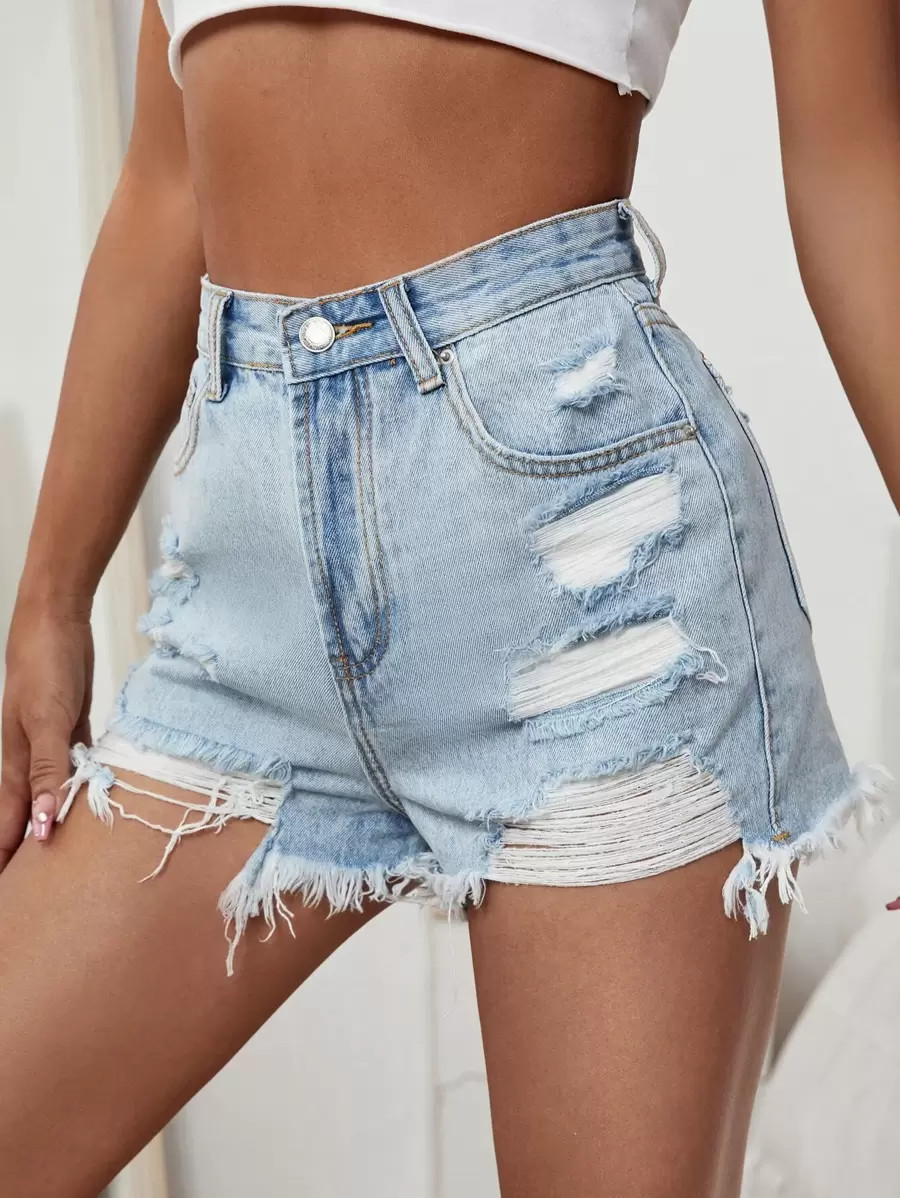 SHEIN EZwear Raw Hem Distressed Denim Shorts | SHEIN