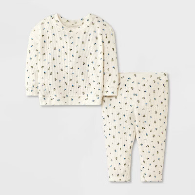 Baby Girls' Floral Waffle Sweatshirt & Jogger Pants Set - Cat & Jack™ Cream Newborn | Target