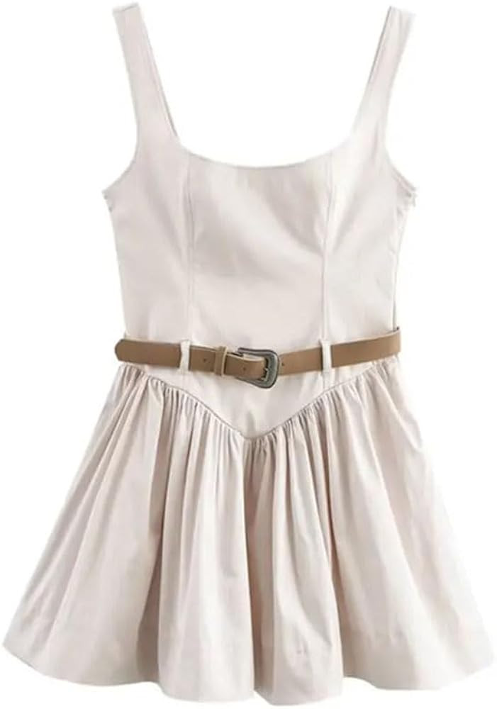 Women's Gathered Hem Fitted Mini Dress Summer O-Neck Wide Straps Ruffle Dresses with Belt | Amazon (US)