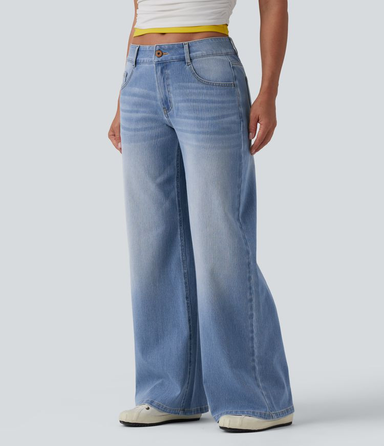 Women’s Halara Flex™ Low Rise Zipper Pockets Washed Baggy Wide Leg Casual Jeans - Halara | HALARA