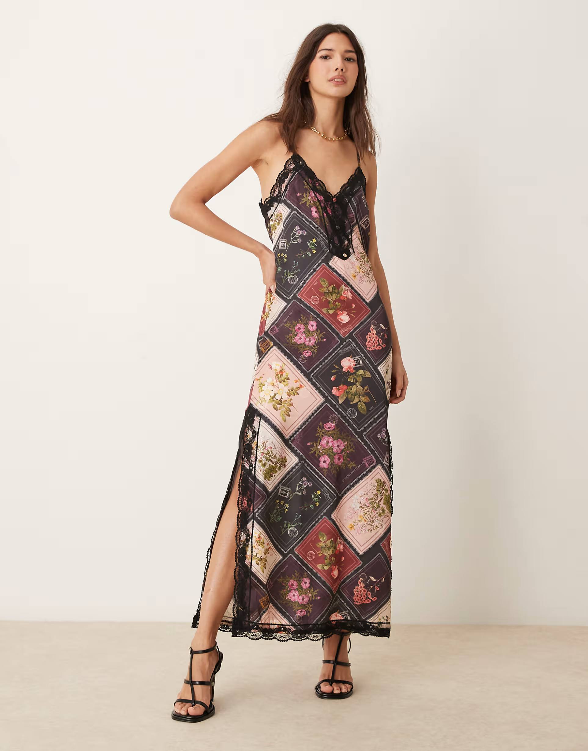 Miss Selfridge cami maxi dress with lace detail in patchwork print | ASOS | ASOS (Global)