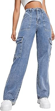 SweatyRocks Women's High Waist Cargo Jeans Flap Pocket Wide Leg Denim Pants | Amazon (US)
