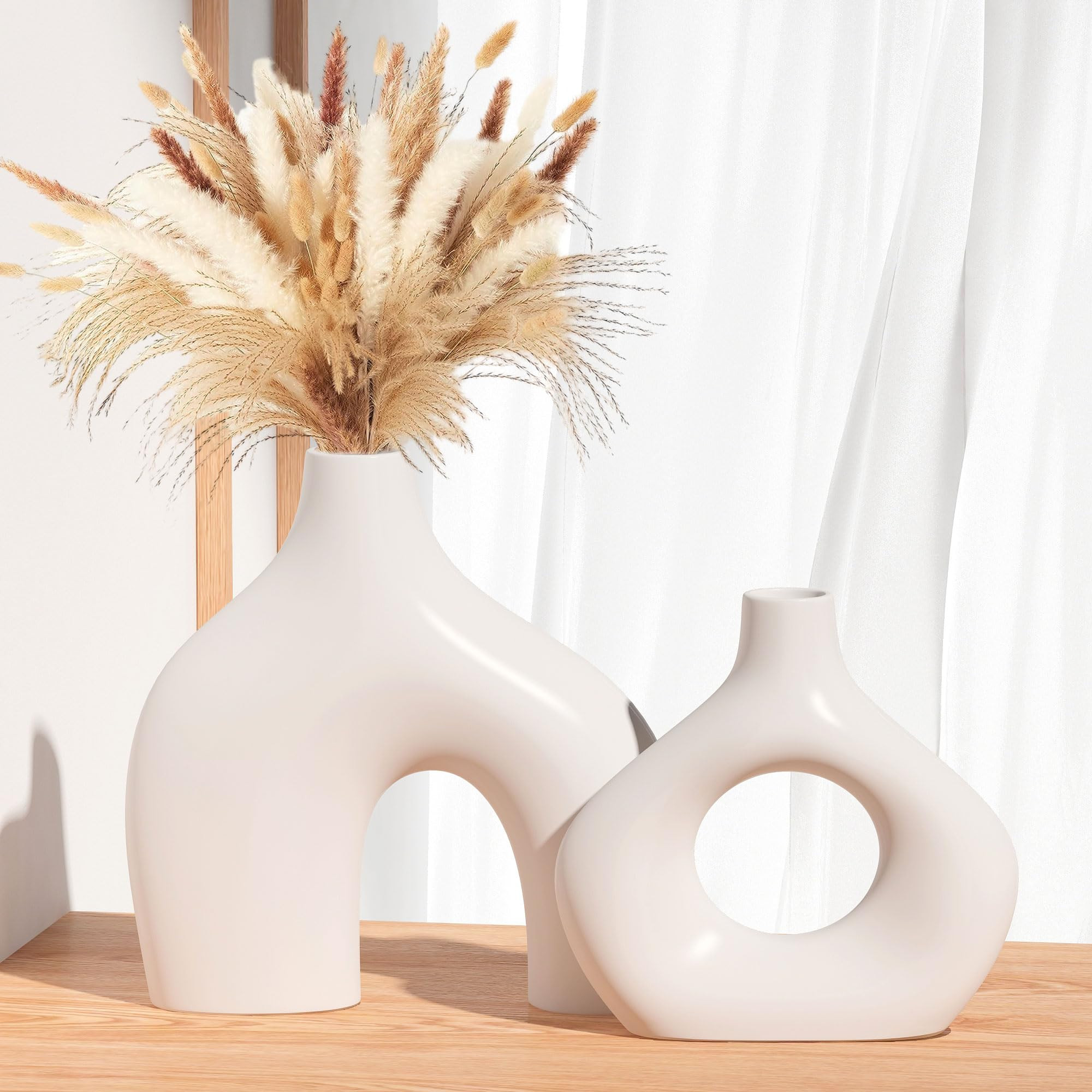 White Ceramic Vase Set of 2, Pampas Grass Vases for Home Decor, Hollow Round Boho Vases for Flowe... | Amazon (UK)