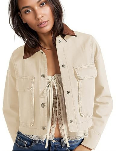 HangNiFang Cropped Barn Jacket for Women 2025 Contrast Collar Outwear Long Sleeve Cotton Short Cargo Jacket with Pockets(1276-Beige-XS) | Amazon (US)