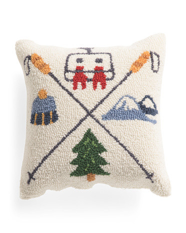 14x14 Skiing Icons Hooked Pillow | TJ Maxx