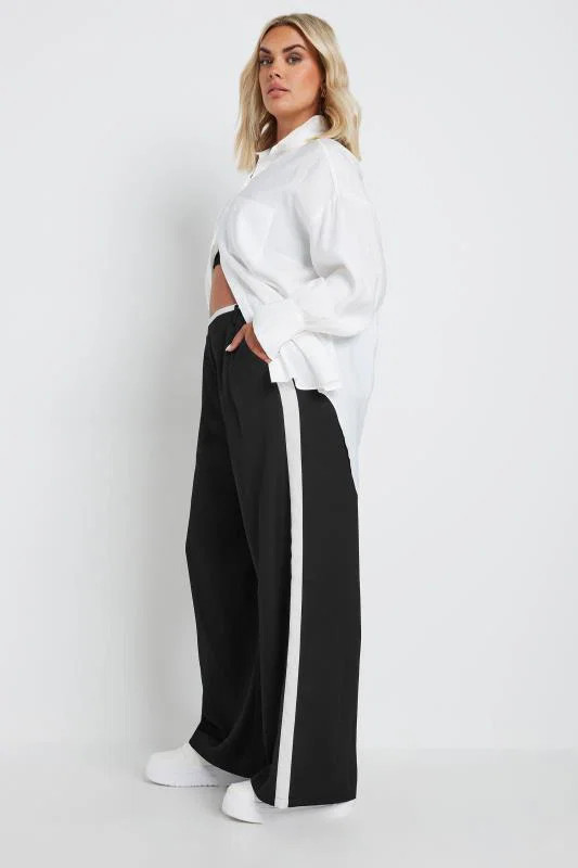 YOURS Plus Size Black Contrast Side Stripe Wide Leg Trousers | Yours Clothing UK