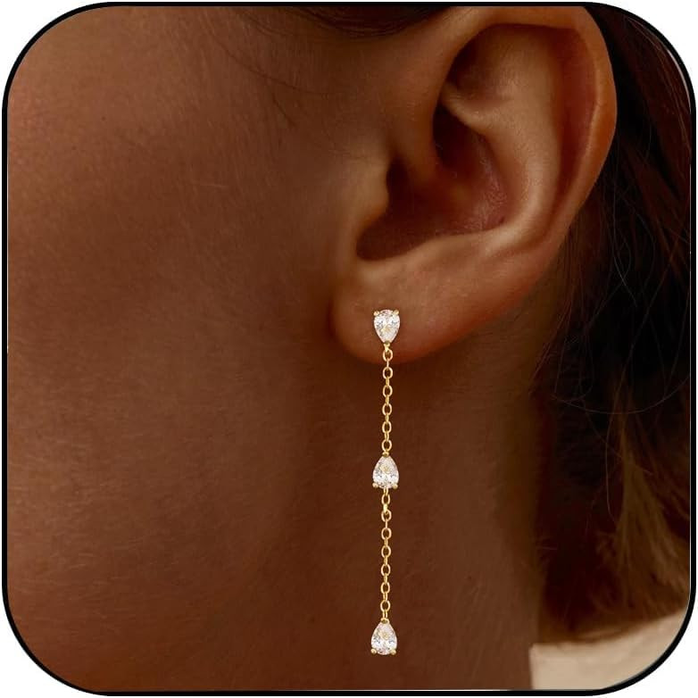 Dangle Earrings for Women, Dainty 14K Gold Plated CZ Long Earrings | Amazon (US)
