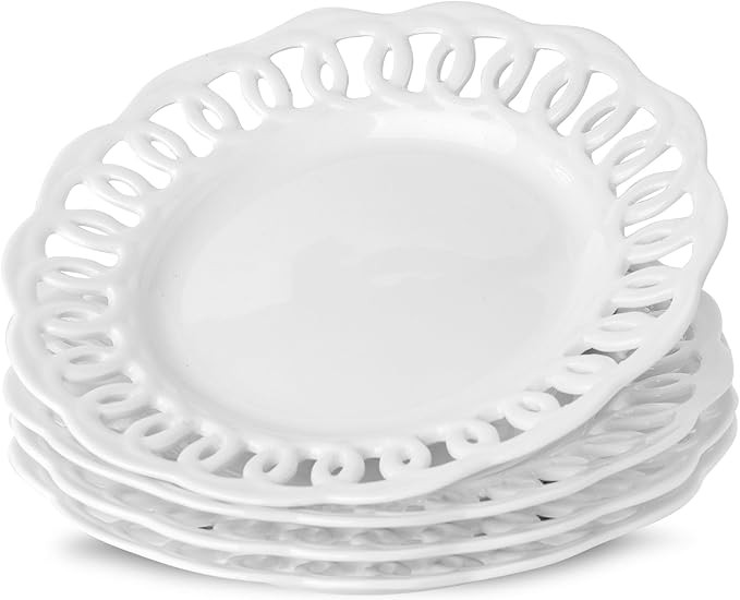 fMBB Round Appetizer Plate with Scalloped Edge Lace Rim, Set of 4, White 8 inch Ceramic Dessert P... | Amazon (US)