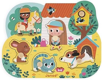 Janod - Babies’ Wooden Puzzle - 6 Pieces with Pegs - Countryside Theme - Recessed Puzzle - Earl... | Amazon (US)