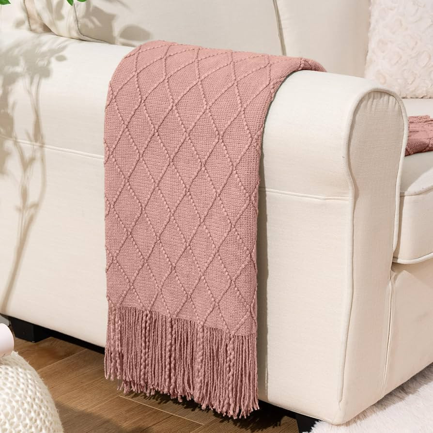 BATTILO HOME Blush Throw Blanket with Tassels, Pink Knit Blanket for Home Decor, Boho Style Textu... | Amazon (US)