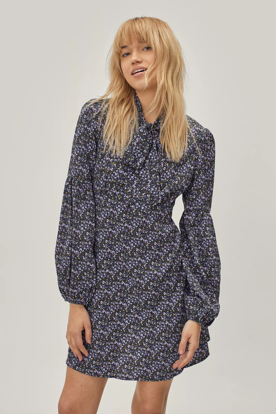 Floral Print Tie Neck Long Sleeve Mini Dress | Nasty Gal (US)