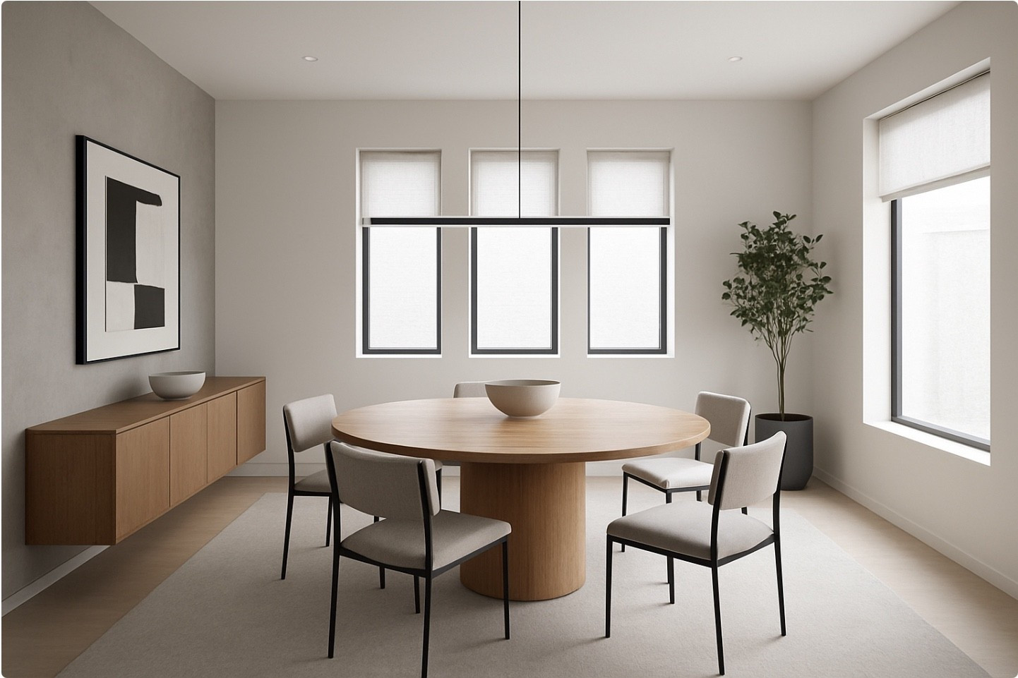 I’ve been playing around with new designs for my dining room makeover project. Posting here for anyone who is looking for ideas. Products linked below.
This is what I would call a warm minimalist look. 
Hot tip for chairs- measure the shortest and tallest person while they are sitting, at their knee height from the floor and from the floor to the middle of their back to ensure that the chair and table heights will work for all family members. 