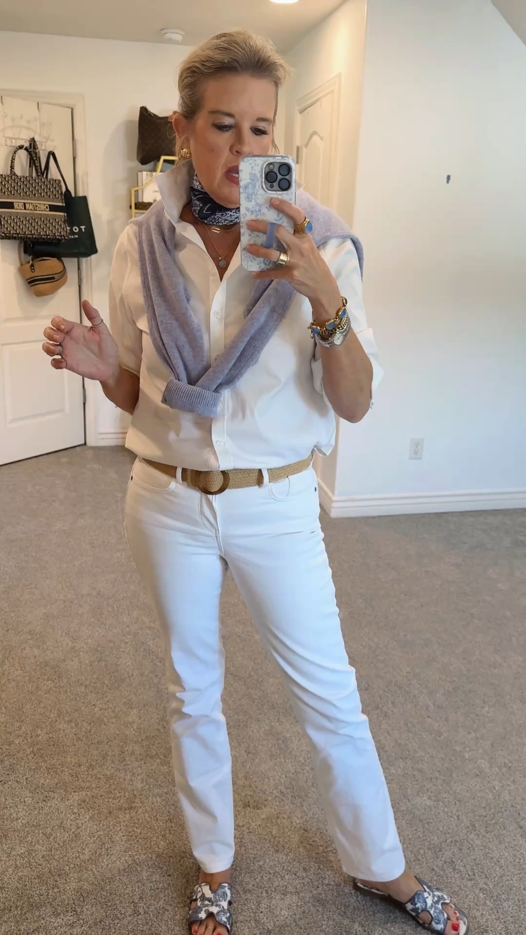 #ootd  
Way to style white jeans 
NYDJ rise is my belly button 
And long if you are tall.. straight leg I normally wear a size 4 and I got a 2

White button up 3/4 sleeve no iron shirt by Chicos tts I am in small  so good 

NYDJ cashmere sweater  tts and so very soft 

Stretchy raffia belt 

Neck scarf in blue print 

Necklace’s & brackets Abbott Lyon 
And Julie Vos

#LTKStyleTip #LTKSummerEdit #LTKOver40