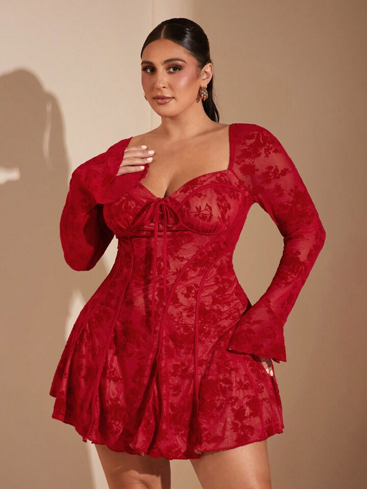 SHEIN BAE Plus Size Women's Autumn Winter Velvet Embossed Cup Flounced Hem Short Dress With Long ... | SHEIN