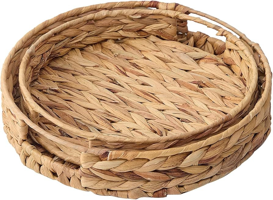 Water Hyacinth Serving Tray Set of 2 - Hand-Weaving Wicker With Handle, Natural Grass Weaving for... | Amazon (US)