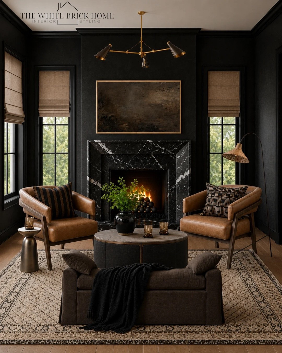 Moody black walls, white oak accented and timeless textures come together to create a cozy, elevated living room. 
🖤🖤
Living room, living room design, living room decor, living room furniture, accent chair, accent chairs, round coffee table, coffee table, leather chair, sitting nook, sitting room, chandelier, living room ideas, frame tv, home design,posh living room idea, McGee and co, pottery barn, Etsy, home ideas

#LTKHome #LTKSeasonal #LTKSaleAlert