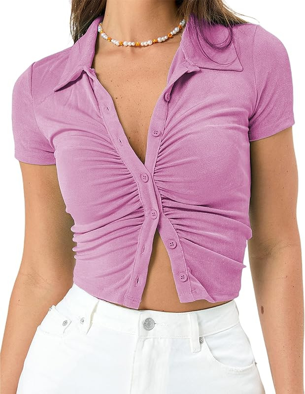 Remidoo Women's Short Sleeve Ruched Button Up Crop Top Cropped Collared T Shirt Going Out Tops Pu... | Amazon (US)