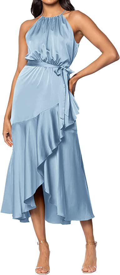 dowerme Women's 2023 Casual Midi Satin Dresses Halter Neck Sleeveless Belted Ruffle Solid Wrap Cl... | Amazon (US)