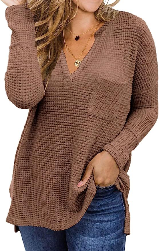 EFAN Women's Waffle Knit Fall Oversized Sweater V Neck Pullover Long Sleeve Loose Warm Shirt Tops... | Amazon (US)