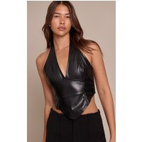 Black Faux Leather Halterneck Crop Top | PrettyLittleThing US