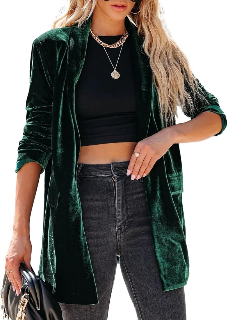 Fronage Women's Business Velvet Blazer Jacket Casual Long Sleeve Lapel Collar Blazer Suits Tops L... | Amazon (US)