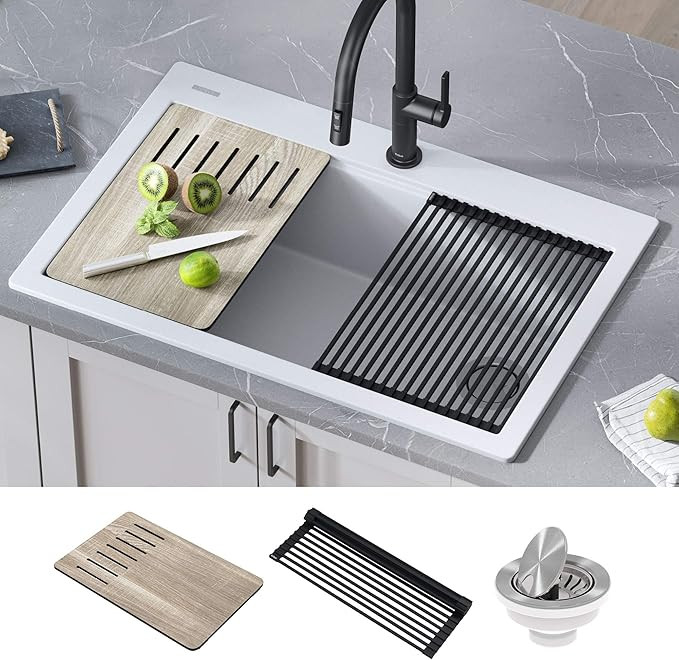 Kraus KGTW1-33WH Bellucci Granite Composite Single Bowl Drop-In Kitchen Sink with Accessories, Wh... | Amazon (US)
