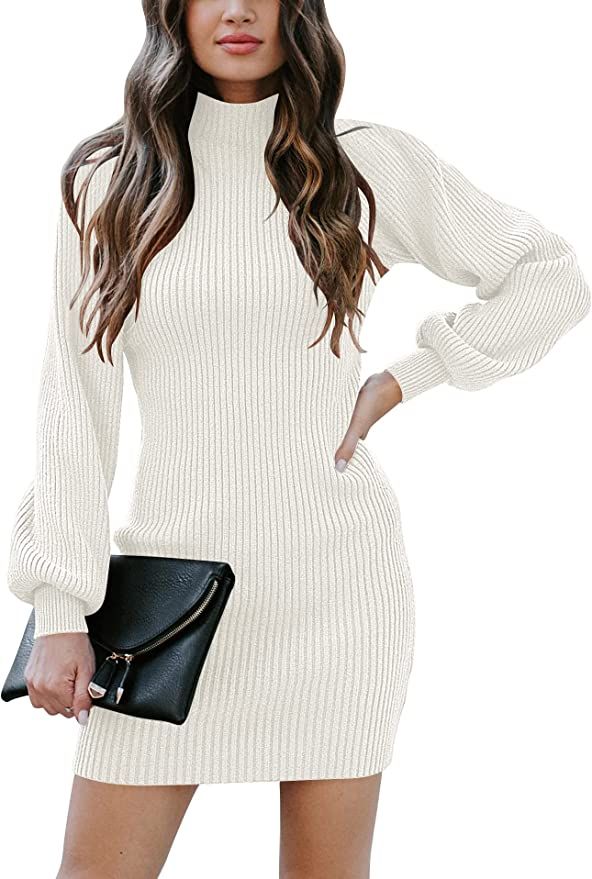 ANRABESS Women Polo Neck Knit Stretchable Elasticity Long Slim Sweater Turtleneck Bodycon Mini Dr... | Amazon (US)