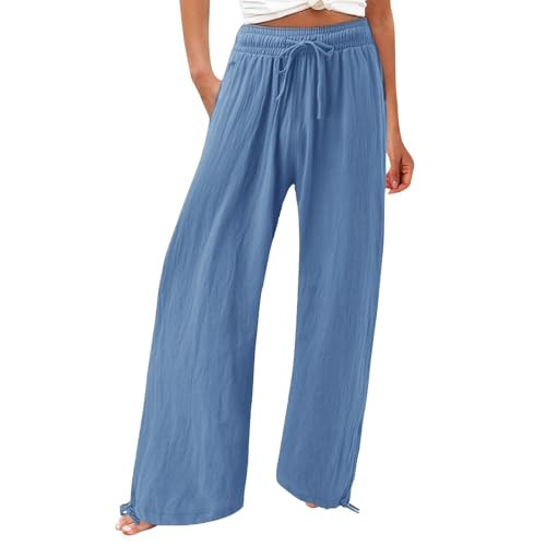 HJYUZP Linen Pants Women Capri Light Loose Wide Leg Women Clothes Lightweight Vacation Lounge Womens Pant Work Casual Palazzo Outfit Comfy Dressy Office Dress Outfits,c-Dark Blue,Small | Amazon (US)