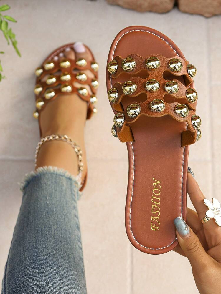 Summer New Vintage Metal Rivet Hollow Slip-On Slippers, Women Flat Outdoor Casual Beach Sandals | SHEIN