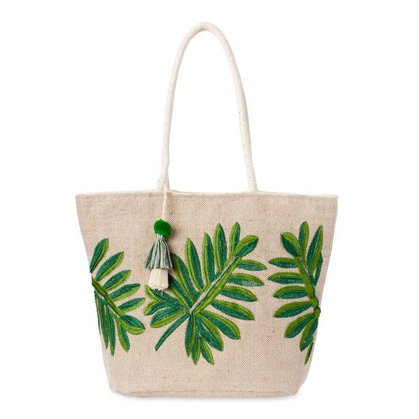Time and Tru Women’s Embroidered Leaf Tote with Cotton Braided Rope Handles | Walmart (US)