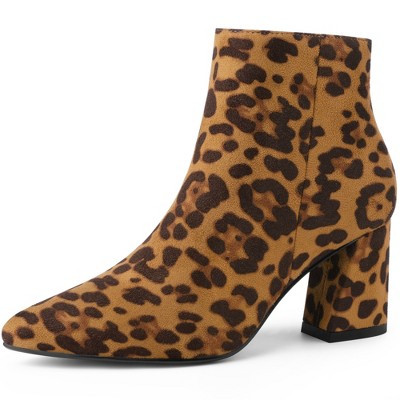 BLISSFUL STEP Women's Pointy Toe Side Zip Chunky Heels Ankle Booties Leopard 6.5 | Target