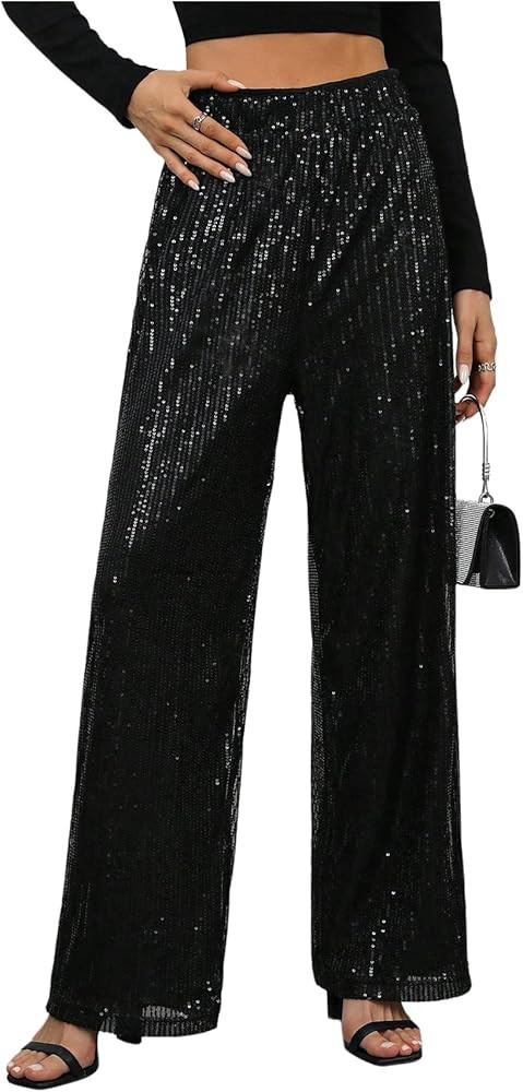 WDIRARA Women's Sequin Sparkle Pants Elastic Waist Wide Leg Party Club Trousers | Amazon (US)