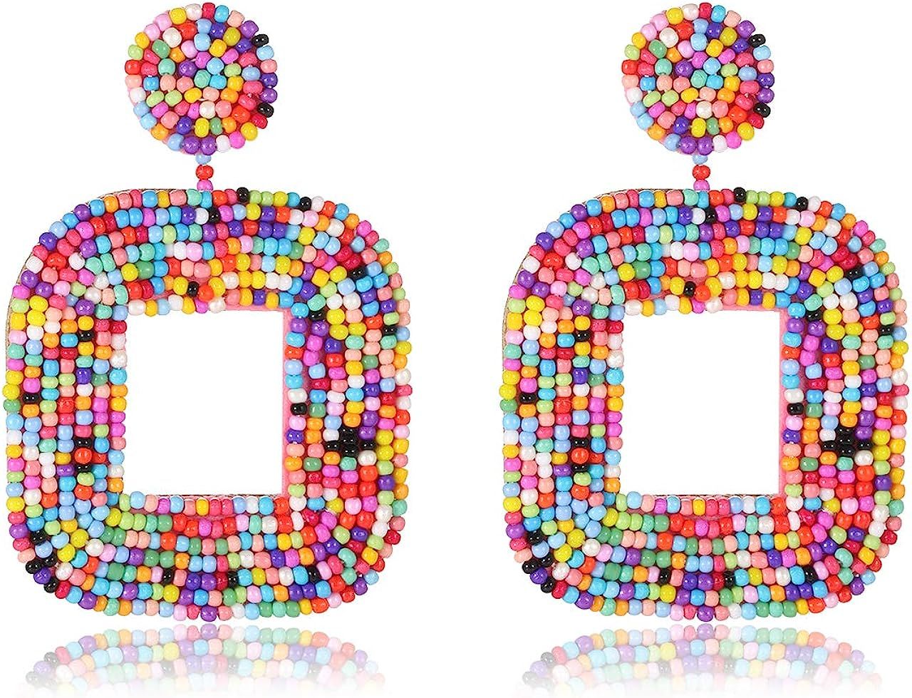 XOCARTIGE Beaded Drop Earrings Multicolored Seed Bead Earrings for Women Bohemia Statement Square... | Amazon (US)