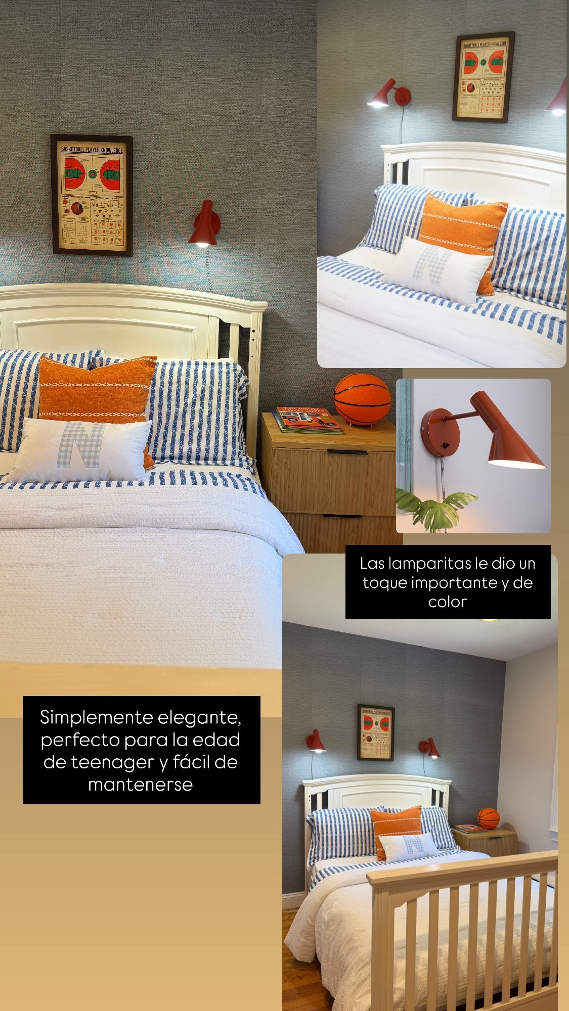 BOY BEDROOM with happy colors and easy way to maintain! Wallpaper is a beautiful blue with the help of the pop color of the lamps created a fun ambiance.  Personalized touches like monogram pillow and basketball details makes this bedroom feel like home now ! 
.
.

#LTKSeasonal #LTKHome #LTKU